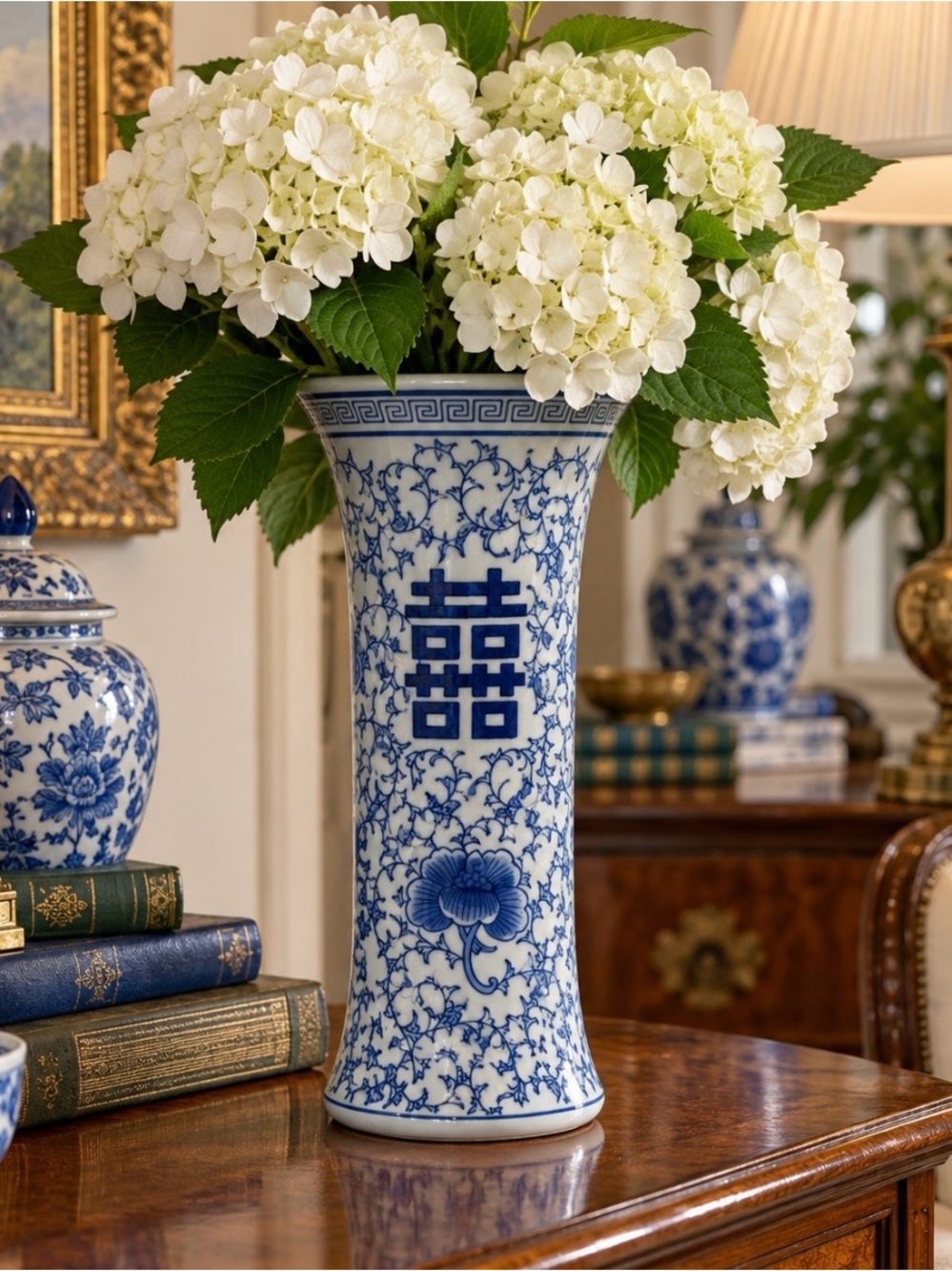 Vintage Blue & White Double Happiness Chinoiserie Porcelain Vase